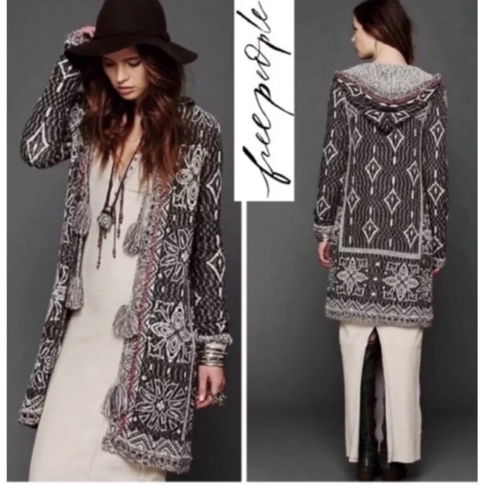 Free People Kai Tassel Pom Boho Hooded Cardigan